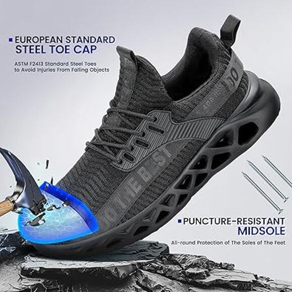 Furuian Mens Size 8.5 Wide Black Work Shoes Lace Up Round Steel Toe Shoes main image 5